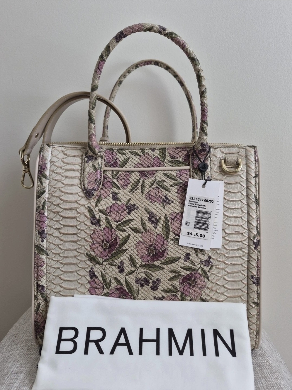 Brahmin Caroline Floral Satchel in Cream & Pink NWT - Picture 2 of 11